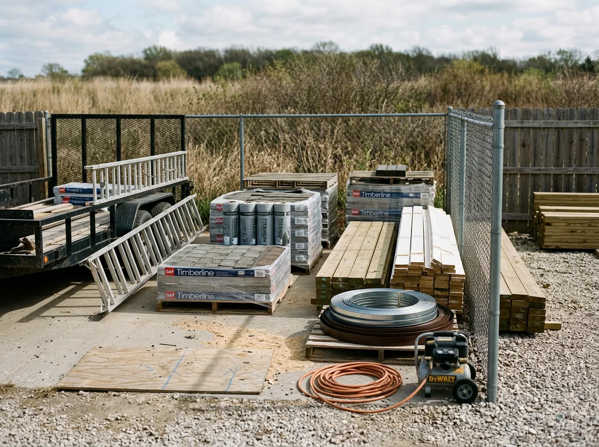 Exterior work area with roofing tools, lumber, and materials stacked for a local job. The scene shows equipment readiness rather than people.