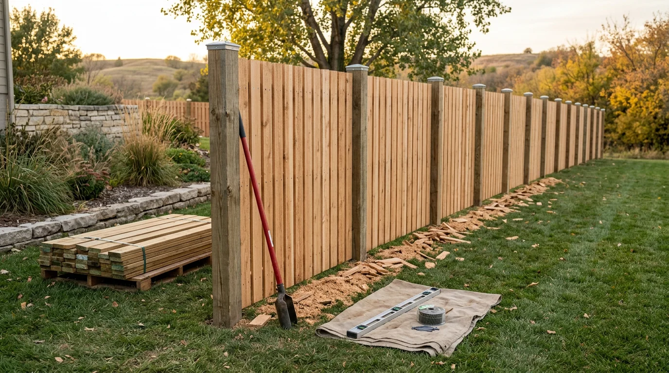 Newly built wood fence on a residential property in Lawrence, Kansas