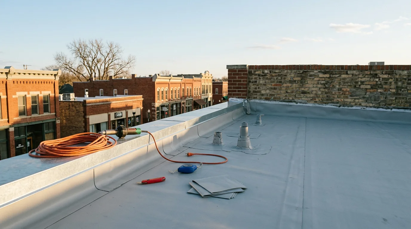 Riccomini Roofing crew working on a commercial roof in Manhattan, Kansas