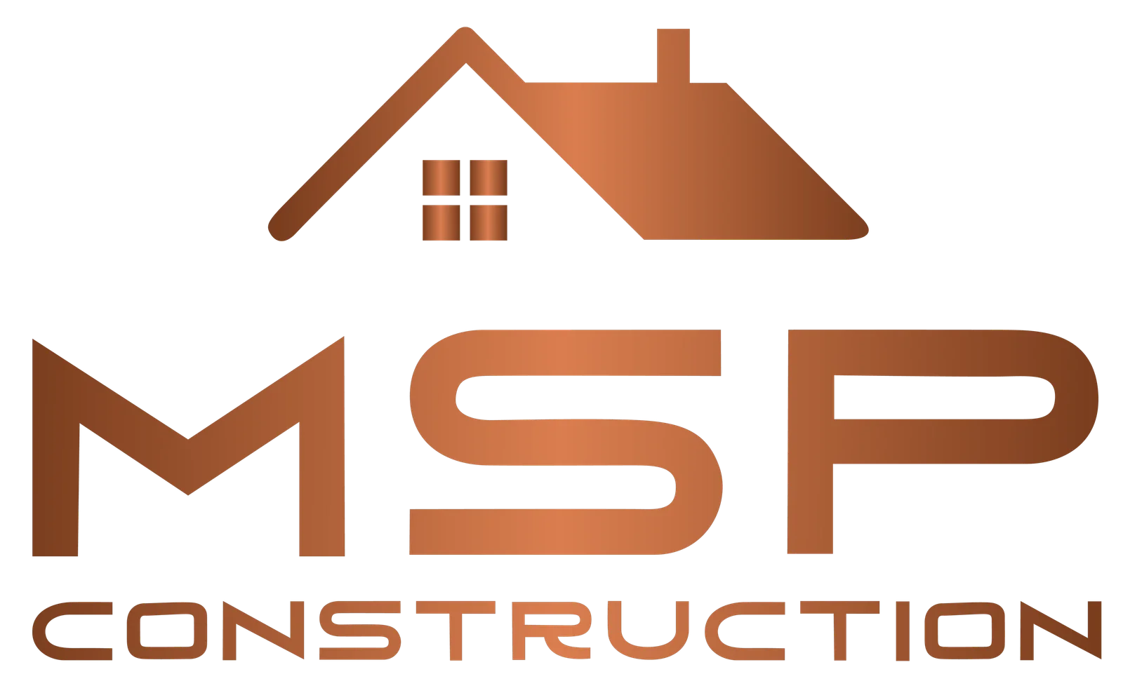 MSP Construction logo with copper gradient house roofline, chimney, four windows, and bold MSP lettering