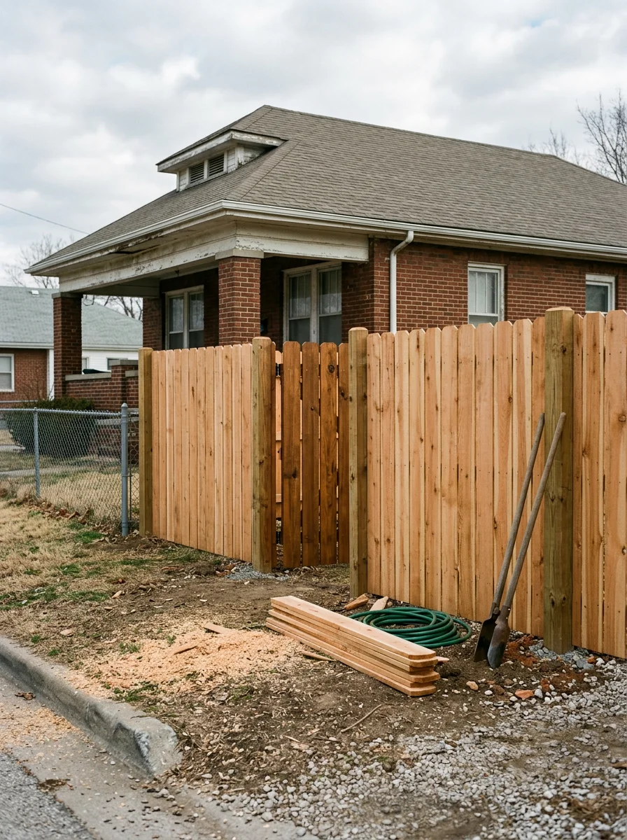 A new wood privacy fence installed on a compact residential lot in the Argentine neighborhood of Kansas City, Kansas, with a brick bungalow visible in the background.