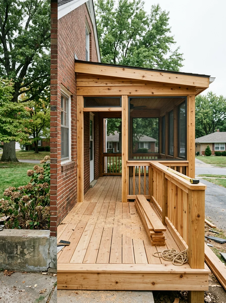 A newly built screened porch addition on a post-war bungalow in the Brookside neighborhood of Kansas City, Missouri, with a wood deck and screen panels installed.