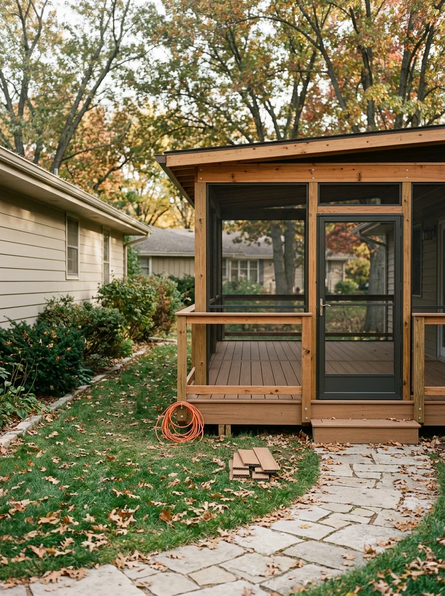 A finished wood deck addition on a 1980s ranch home in the Prairie Park neighborhood of Lawrence, Kansas, with a screened enclosure and composite decking boards.