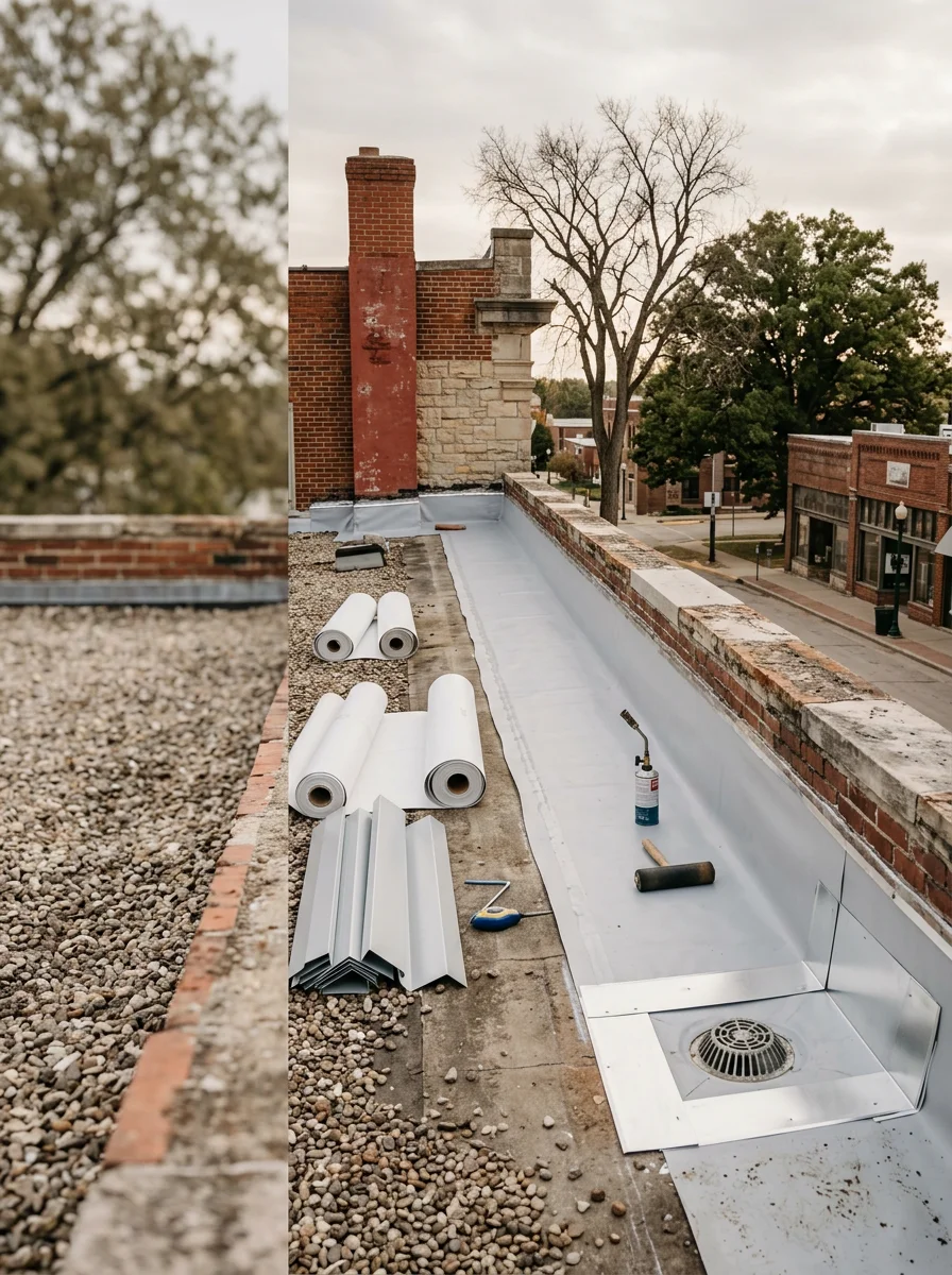 Close-up of a commercial flat roof restoration in progress on a campus-area building in Manhattan, Kansas, showing membrane application and flashing detail work.