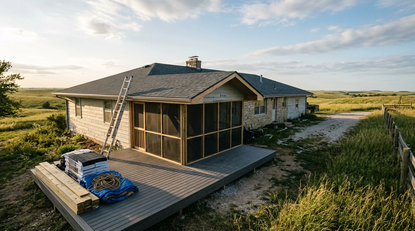 A ranch-style home in Manhattan, Kansas with a newly installed composite deck and screened porch addition, Flint Hills landscape visible in the background.