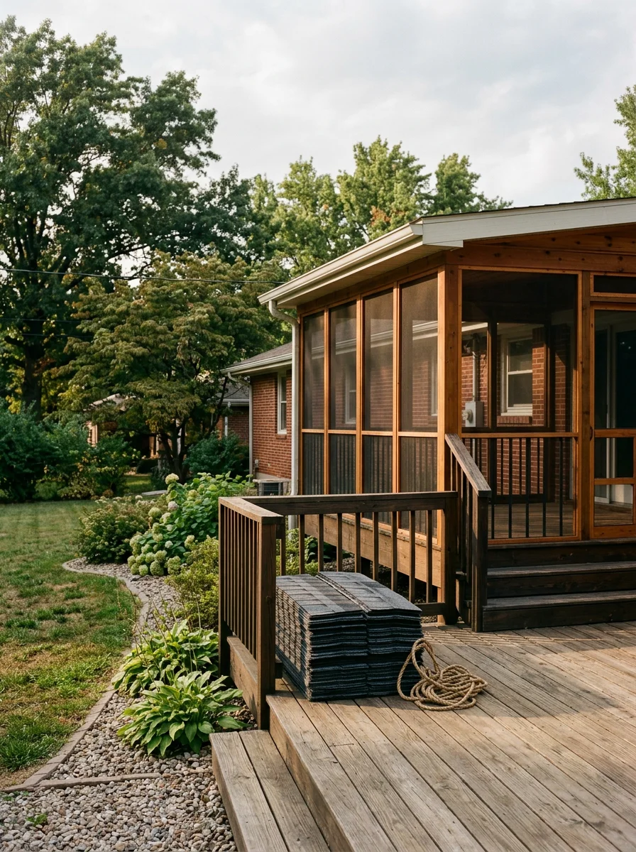 A screened porch addition on a Westboro neighborhood home in Topeka, Kansas, with a wood deck, screen panels, and mature trees visible in the rear yard.