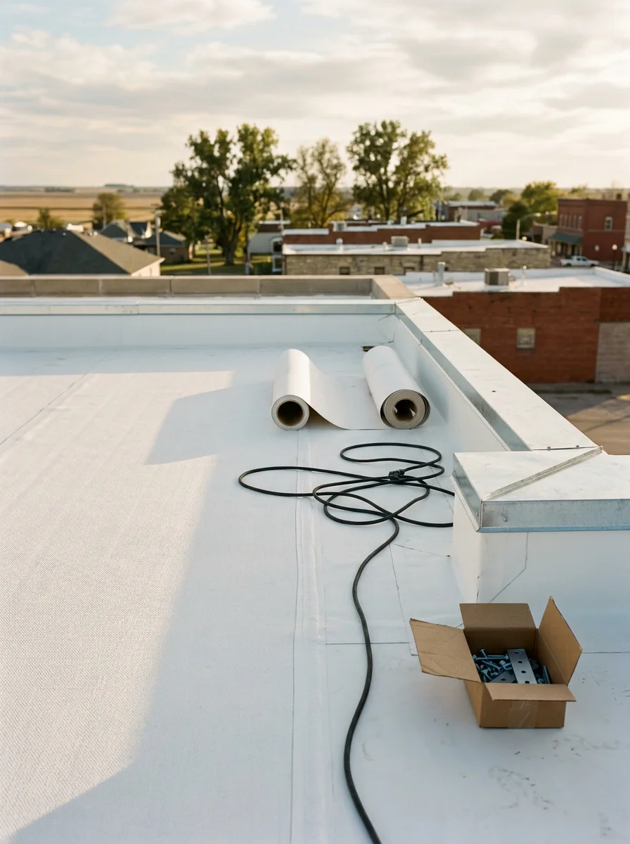 Completed commercial roof showing membrane and flashing details