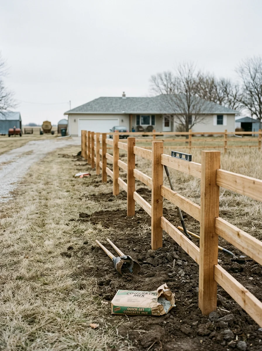 A new fence installation on a rural-adjacent property outside Wamego, Kansas, showing wood posts set in clay soil with a ranch-style home and open lot in the background.