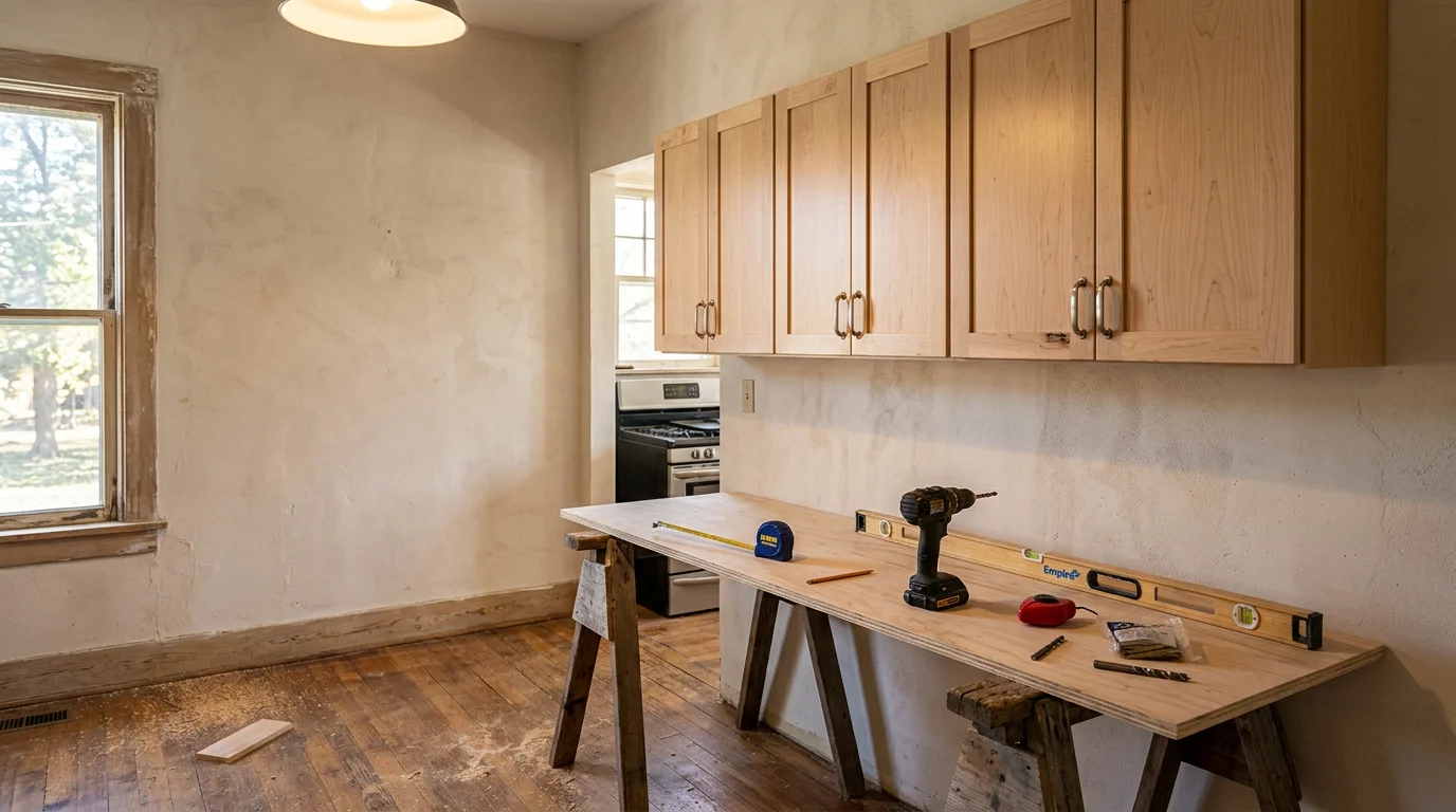 Newly installed kitchen cabinets in a Manhattan, KS home, showing upper and lower cabinet runs set flush against the wall with even spacing and aligned doors. A carpenter checks cabinet level during installation in a residential kitchen.