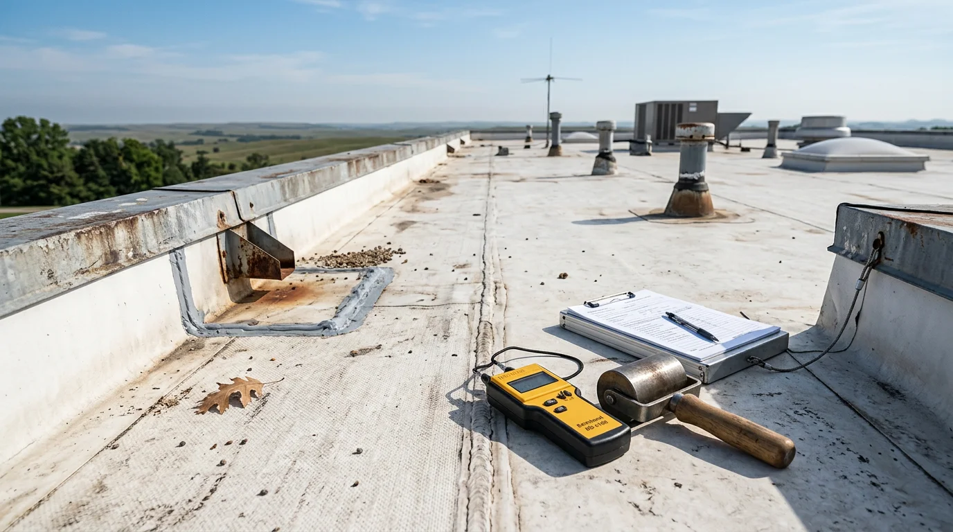 A roofing contractor inspecting the flat membrane surface and drainage system of a commercial building in Manhattan, KS. The inspector examines flashing and seam conditions on a low-slope roof typical of business properties in the region.