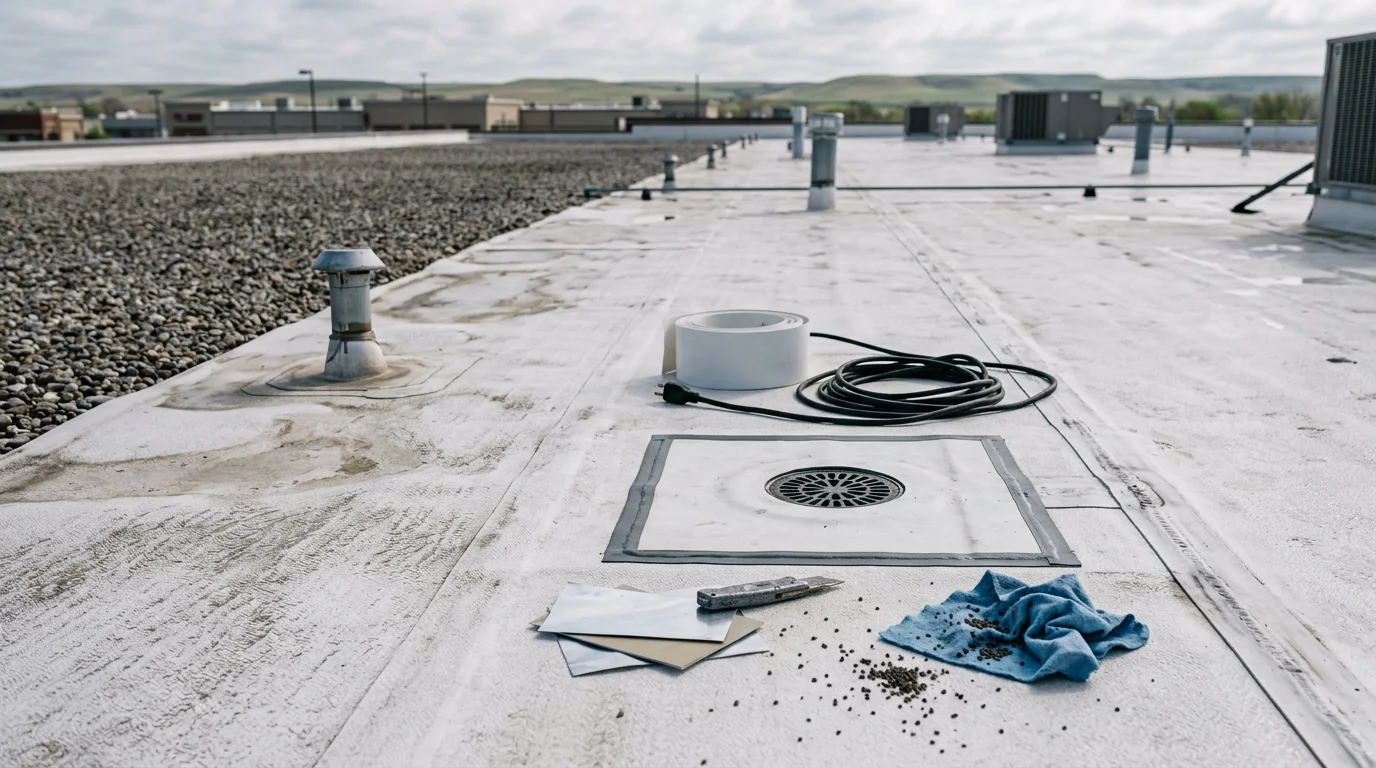 A commercial roofing crew repairing a flat roof membrane on a low-slope commercial building in Manhattan, Kansas. Close-up view shows patched seams and resealed flashing along a rooftop drain area.