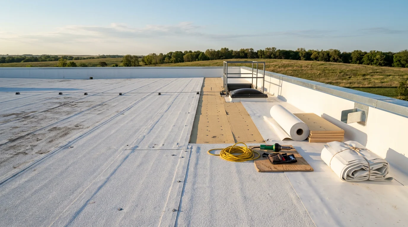 A completed commercial roof replacement on a flat-roofed business building in Manhattan, KS, showing a clean new roofing membrane installed across the full surface. The surrounding Flint Hills landscape is visible in the background.