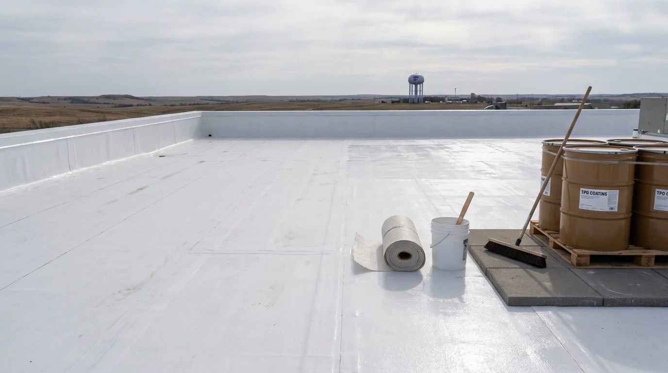 A commercial flat roof on a Manhattan KS business building after restoration, showing a renewed surface with sealed seams and repaired flashing. The surrounding Flint Hills landscape is visible in the background.