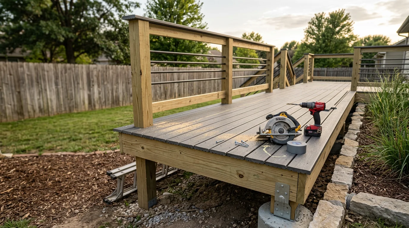 A newly built wood deck attached to a residential home in Manhattan, KS, featuring a stair landing and railing system with a backyard view. The deck framing and decking surface show clean, even construction suited to Kansas outdoor conditions.