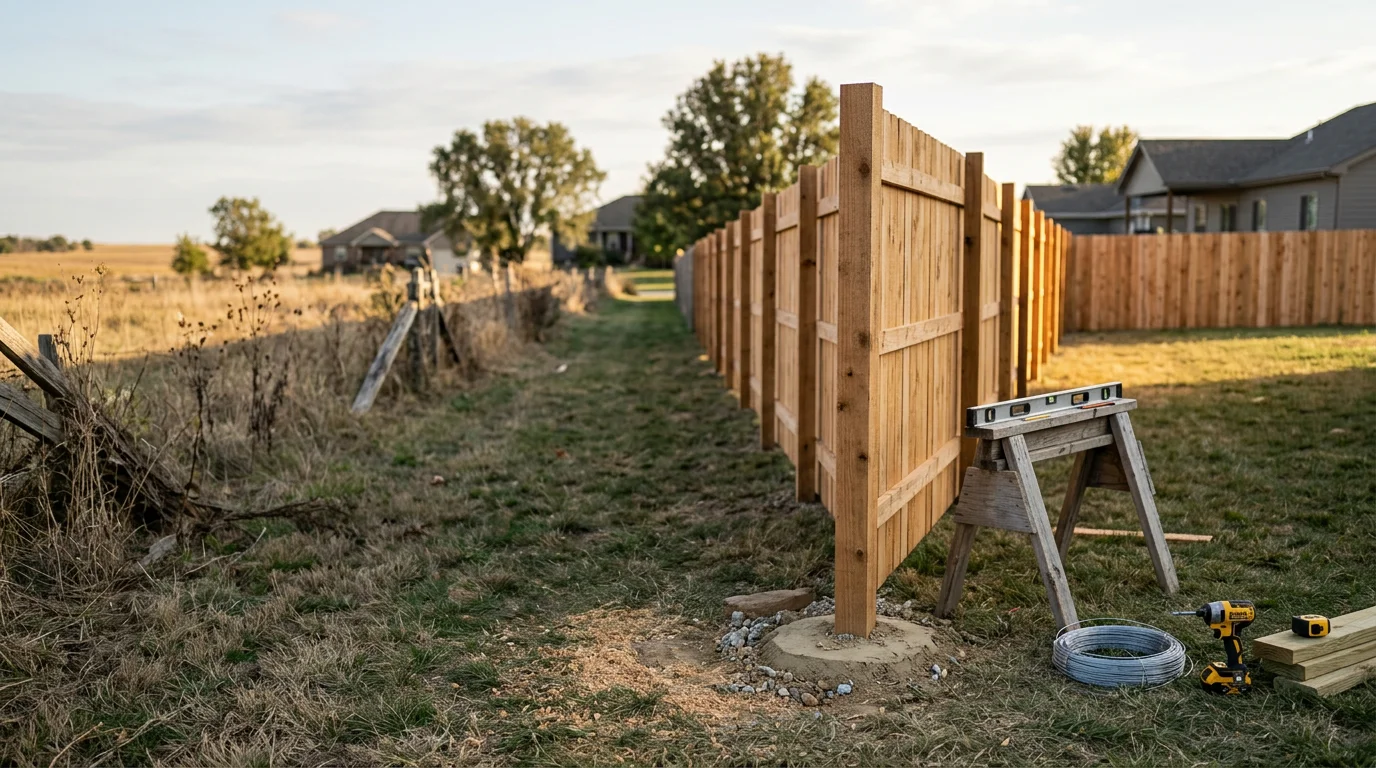 A newly built wood fence along the backyard property line of a residential home in Manhattan, Kansas, with concrete-set posts and a latched gate visible against an open sky.
