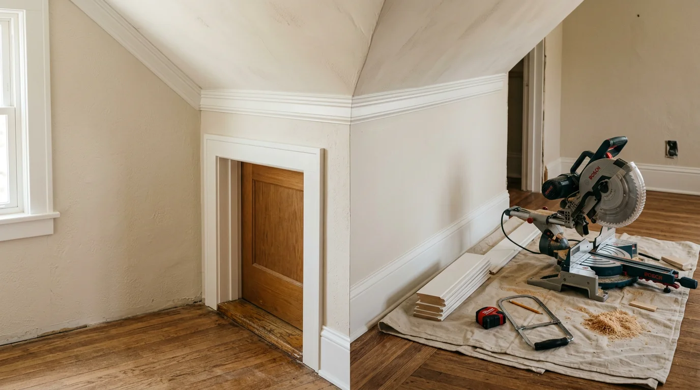Freshly installed white crown molding and baseboards in a residential living room in Manhattan, KS. Clean miter joints meet at the corners where the wall meets the ceiling.