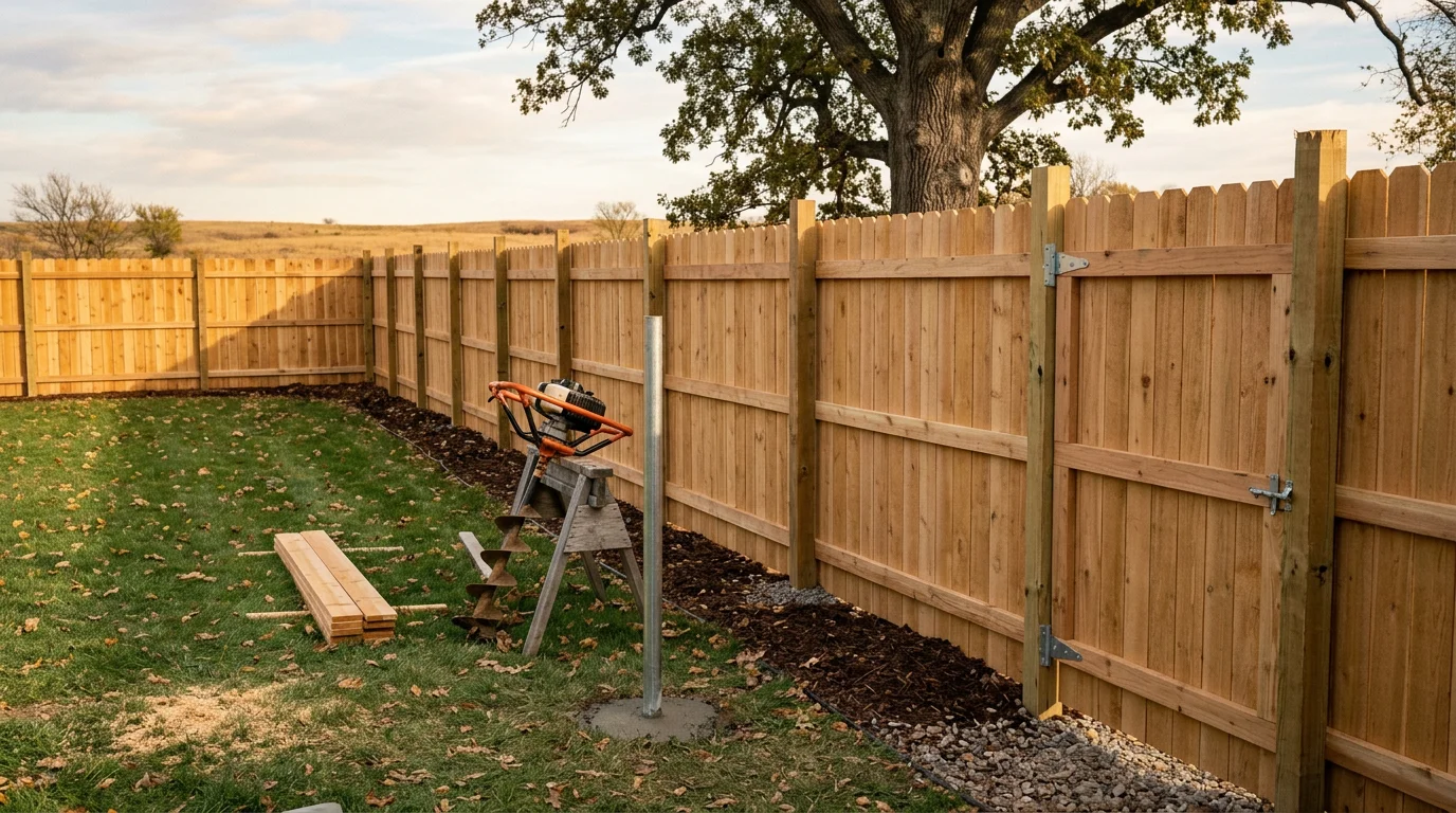 A six-foot solid privacy fence installed along the rear yard of a residential property in Manhattan, KS, with evenly spaced vertical boards and a clean top line. The fence runs the full width of the backyard, separating the lawn from an adjacent property.
