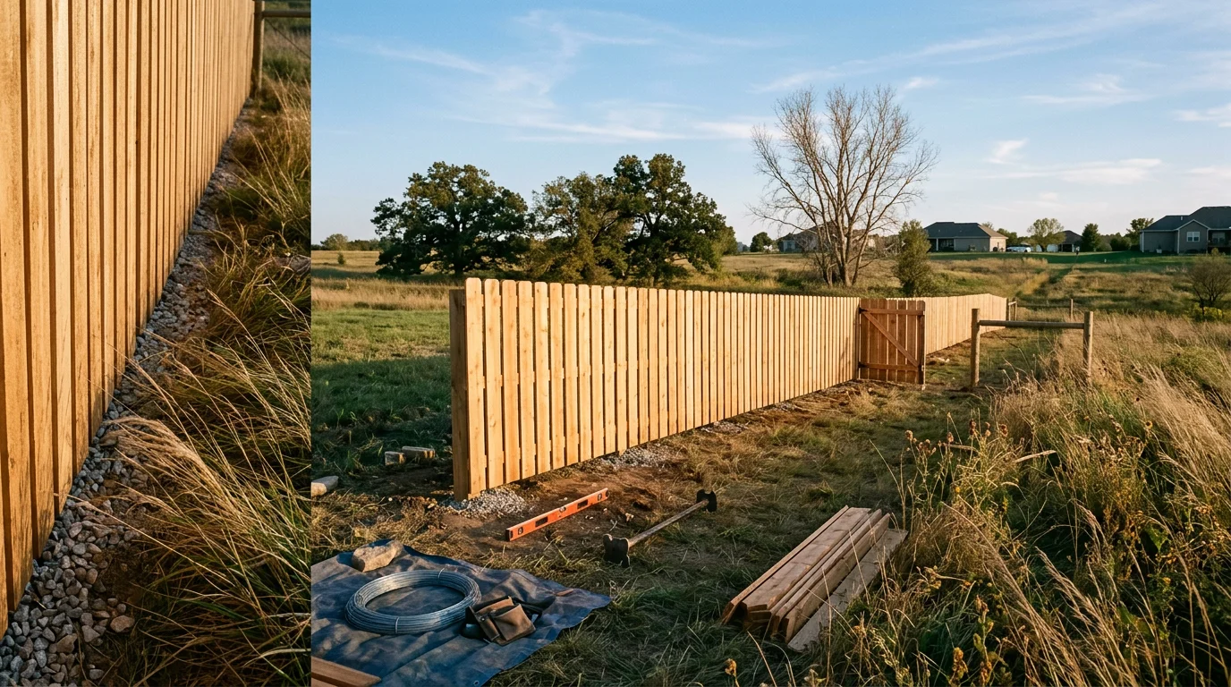 A newly installed residential fence along the backyard of a single-family home in Manhattan, KS, with posts set straight and panels running level across a grassy yard. The fence defines the full property perimeter under a clear Kansas sky.