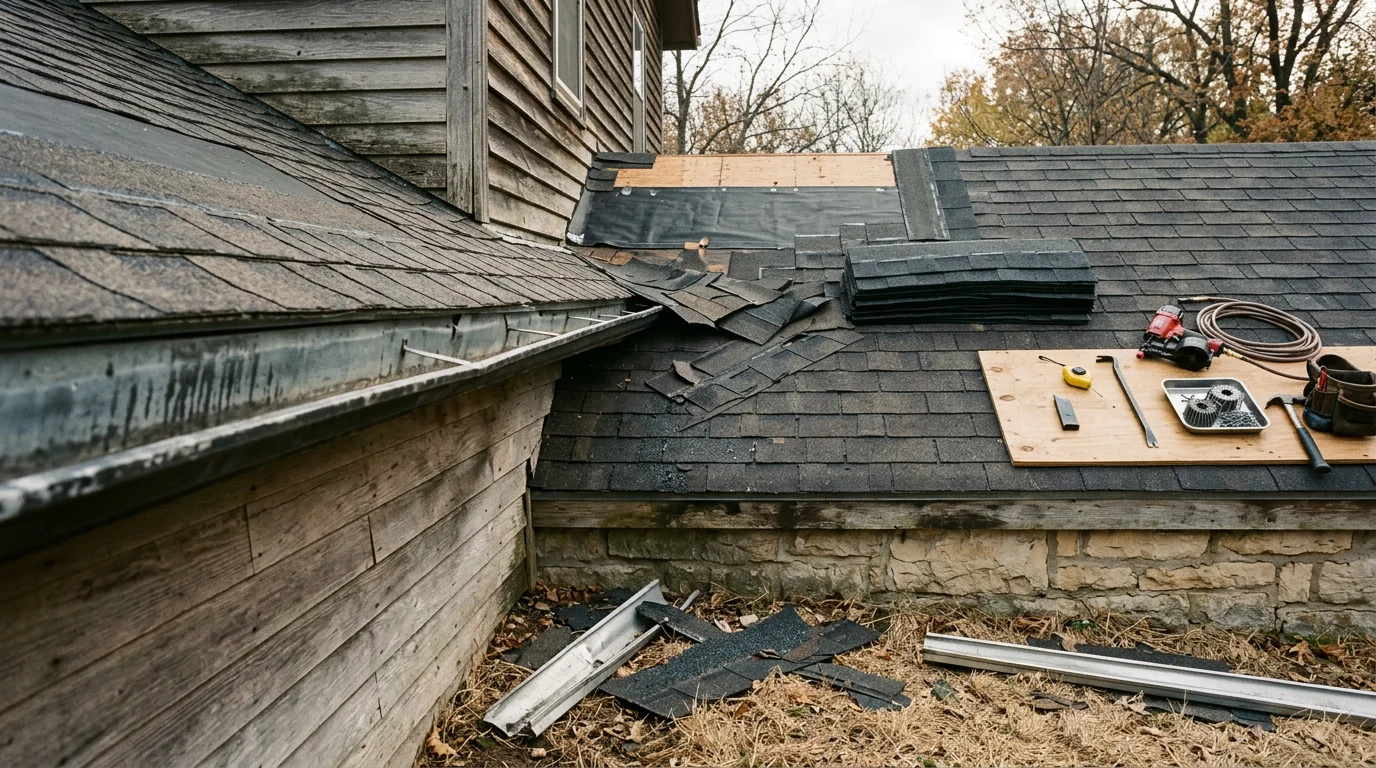 A residential roof in Manhattan, KS showing repaired shingles and flashing after hail and wind storm damage. A Riccomini Roofing crew member inspects the completed repair on a sunny day with the Flint Hills visible in the background.