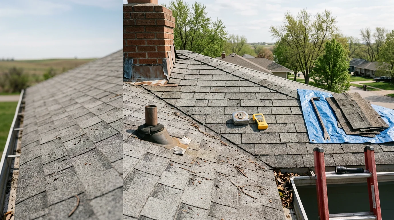 A roofing contractor from Riccomini Roofing Inc inspecting shingles and flashing on a residential roof in Manhattan, KS. Close-up view shows granule condition and ridge cap detail on a pitched roof under a clear Kansas sky.