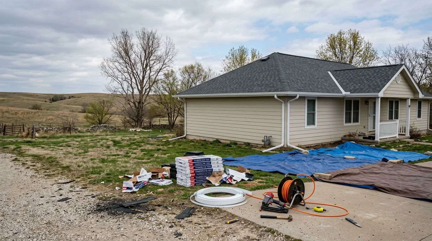 A completed residential roof installation on a single-family home in Manhattan, KS, showing clean ridge lines, uniform shingle courses, and properly finished flashing along the eaves and valleys. The surrounding Flint Hills landscape is visible in the background.