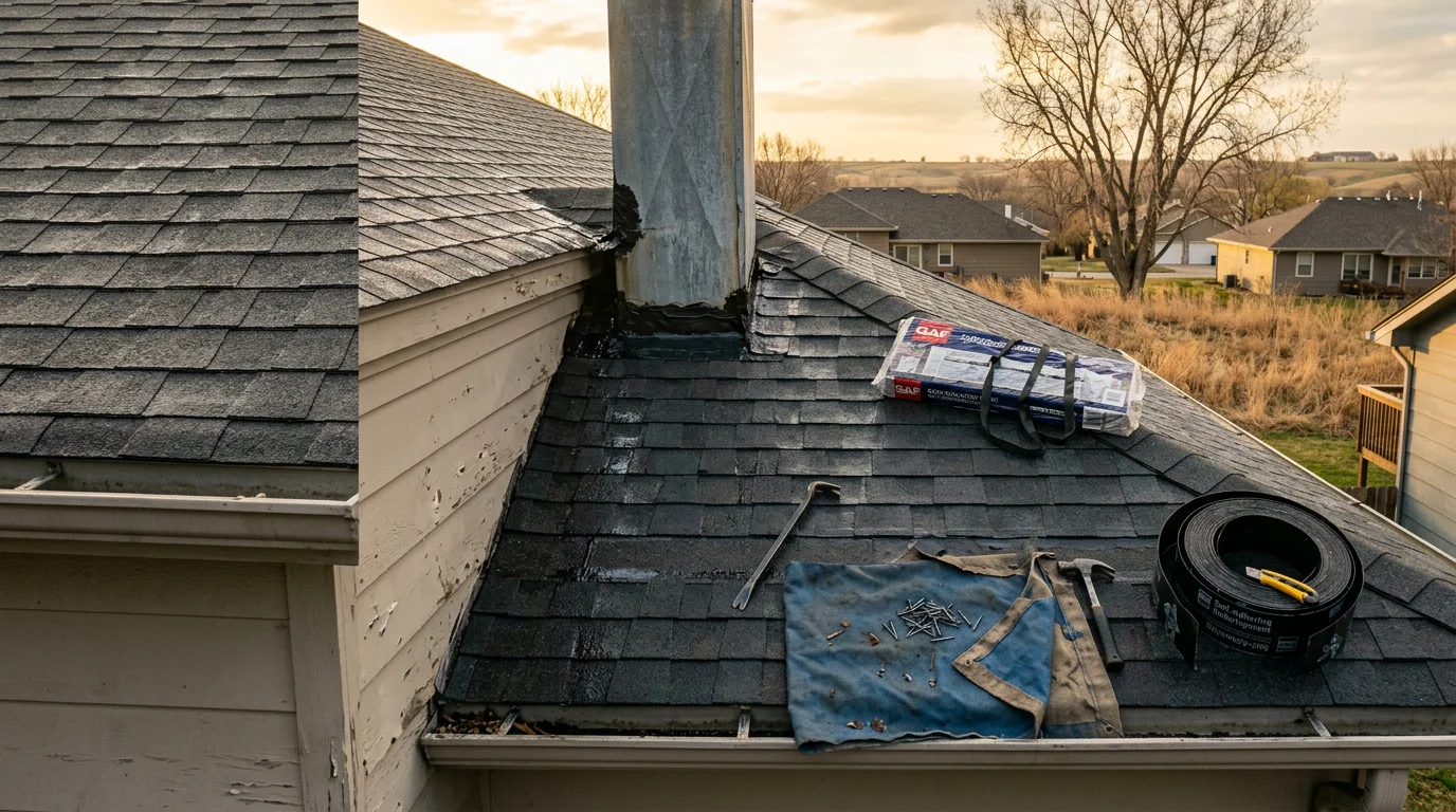 A roofing contractor repairing storm-damaged shingles on a residential home in Manhattan, KS. Close-up view shows replaced shingles and sealed flashing along a roof slope after hail and wind damage.