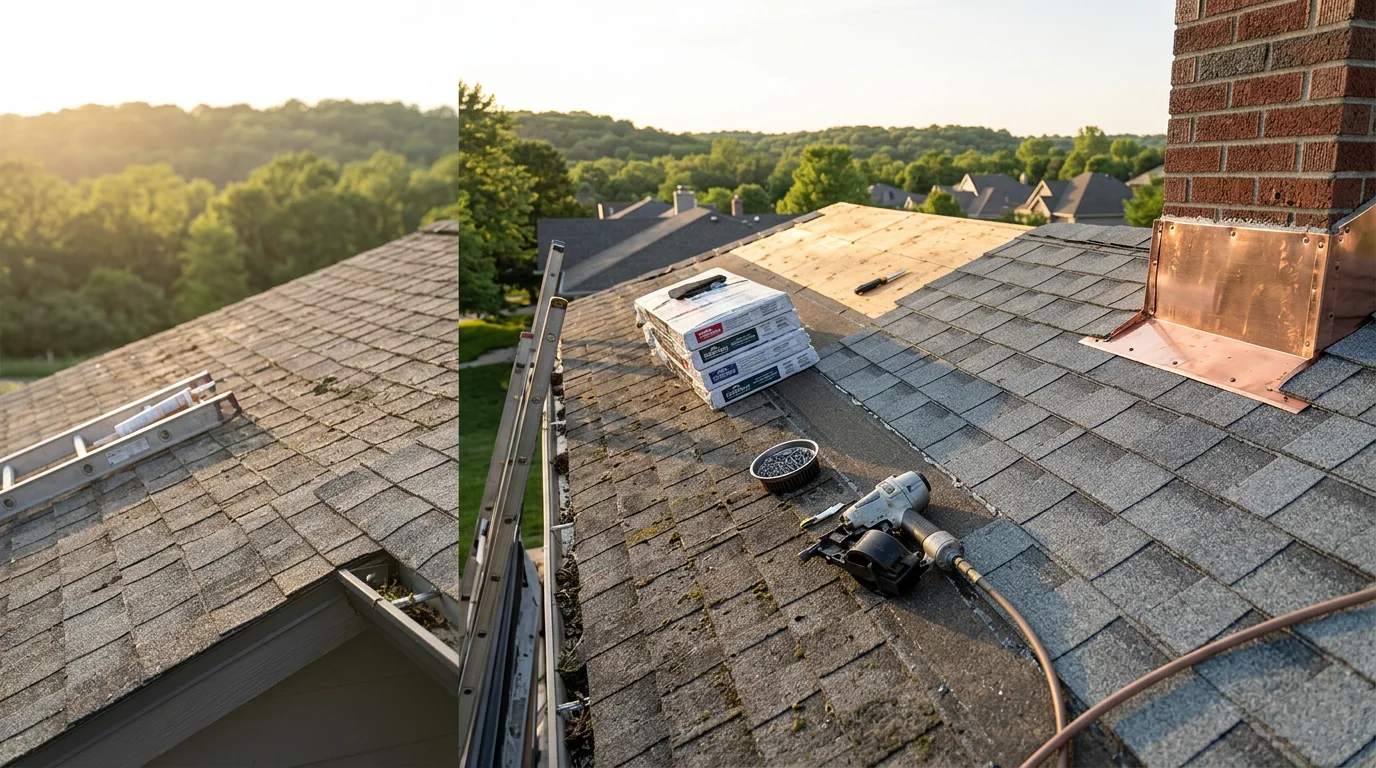 A restored residential roof in Manhattan, Kansas showing repaired shingles and sealed flashing after hail and wind damage. The home sits against a typical Flint Hills region sky with visible storm wear addressed across the full roof surface.