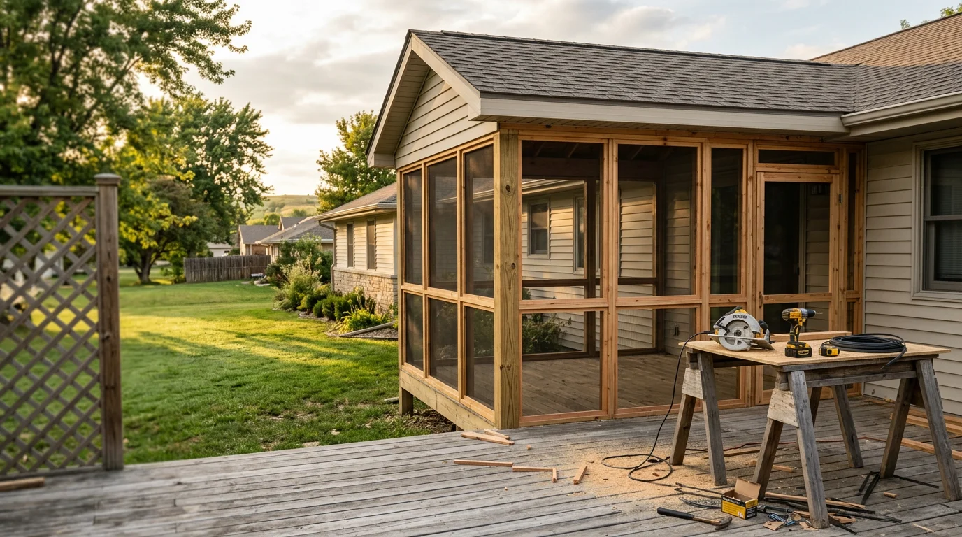 A completed screened-in deck and porch system on a residential home in Manhattan, KS, showing a framed roof structure and full screen wall enclosure. The space includes a wood deck platform visible through the screen panels with a backyard setting behind it.