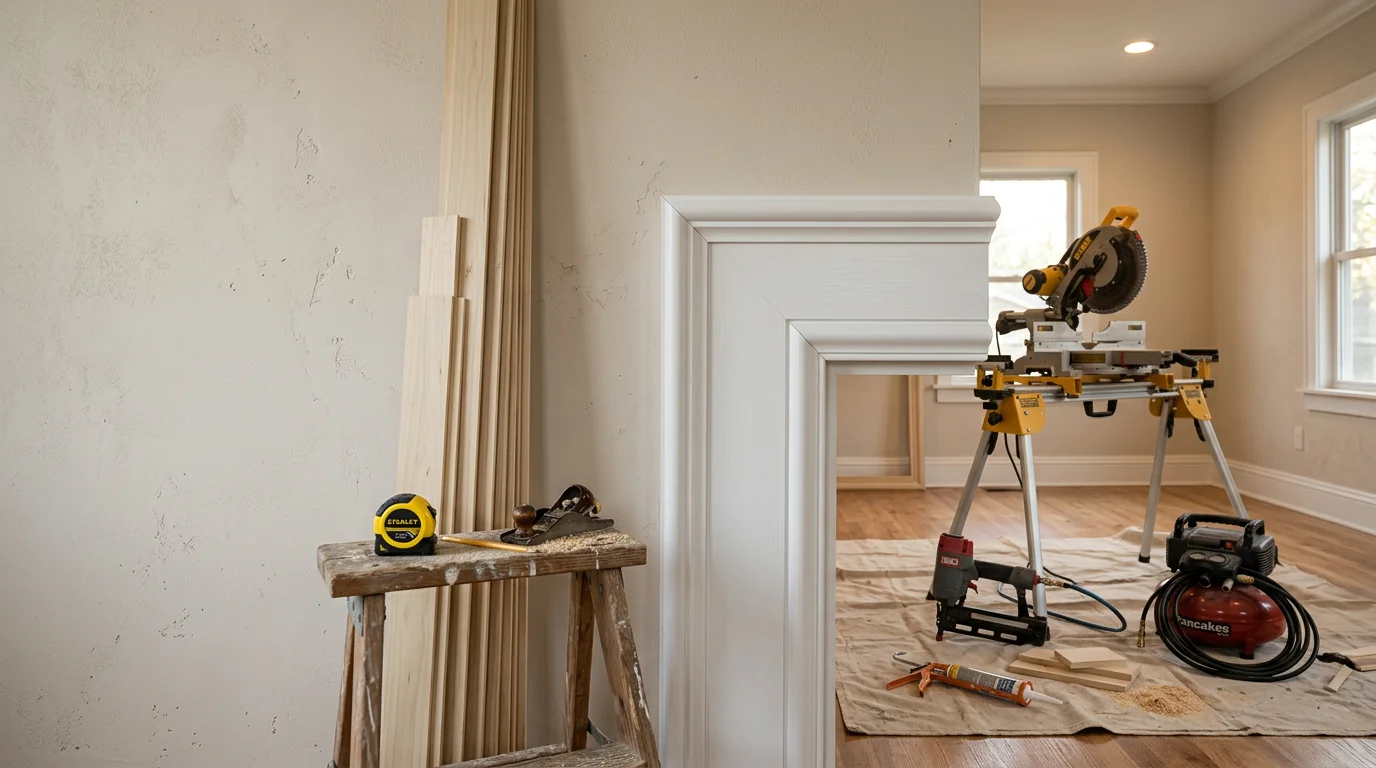 Freshly installed white door casing and baseboard trim in a Manhattan, KS home interior, showing tight corner joints and a clean painted finish. The trim runs along a neutral-painted wall in a residential living space.